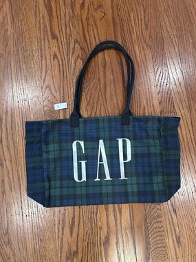 GAP Green and Navy Plaid Logo Tote